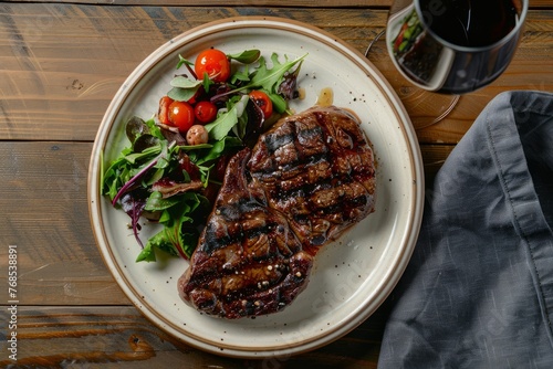Top-down view of a chargrilled ribeye steak paired with a fresh salad on a white plate