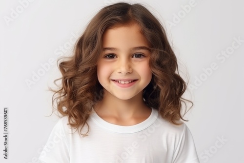 Portrait of a cute little girl with long curly hair over gray background