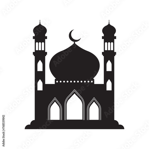 Vector islamic mosque black silhouette. Ramadan muslim icon isolated on white. Arabian mosque building shape with minarets. Eid Al-Fitr illustration photo