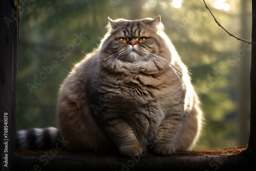 An orange,fat cat with green eyes sitting in a bright window looking back photo