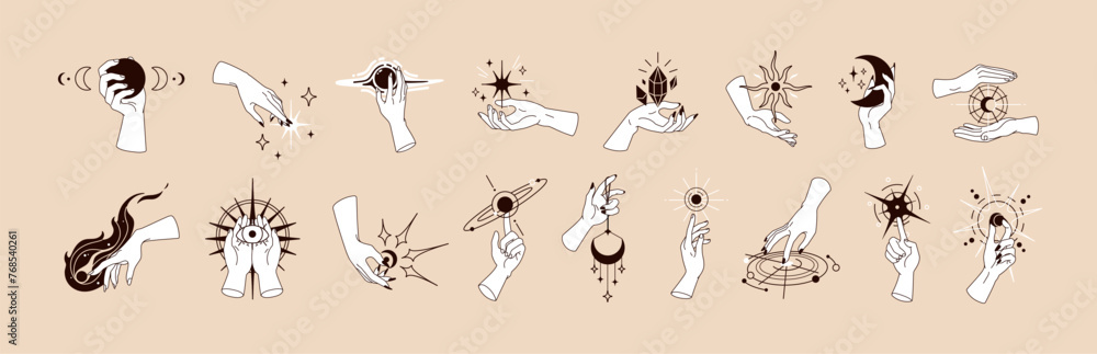 Magic symbols in witch hands set. Holding mystic moon, star, sun, psychic eye, witchcraft crystal, sorcery diamond. Esoteric occult spiritual mysterious concept. Hand-drawn vector illustrations Magic symbols in witch hands set. Holding mystic moon, star, sun, psychic eye, witchcraft crystal, sorcery diamond. Esoteric occult spiritual mysterious concept. Hand-drawn vector illustrations