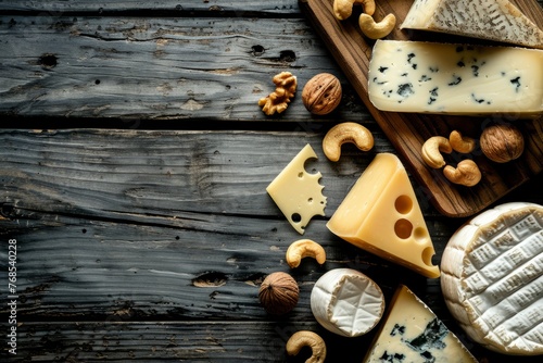 A variety of cheeses and nuts arranged neatly on a rustic cutting board. A southern home-style display of gourmet delights