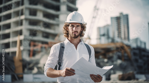 Male builder standing proudly with project plans in hands, white helmet on his head, In the background building place area, building machines. AI Generative.