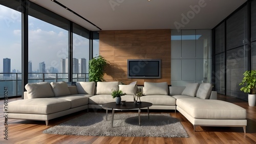 Interior of modern apartment living room with panorama, 3d rendering