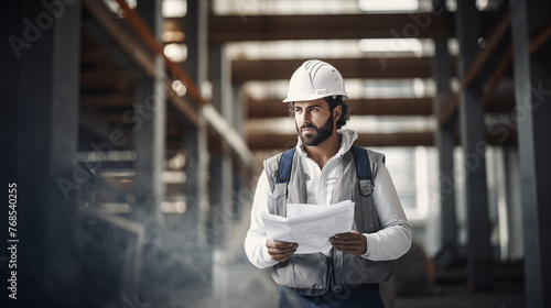 Male builder standing proudly with project plans in hands, white helmet on his head, In the background building place area, building machines. AI Generative. © martinez80