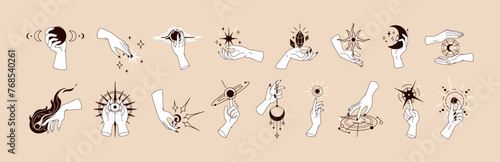 Magic symbols in witch hands set. Holding mystic moon, star, sun, psychic eye, witchcraft crystal, sorcery diamond. Esoteric occult spiritual mysterious concept. Hand-drawn vector illustrations