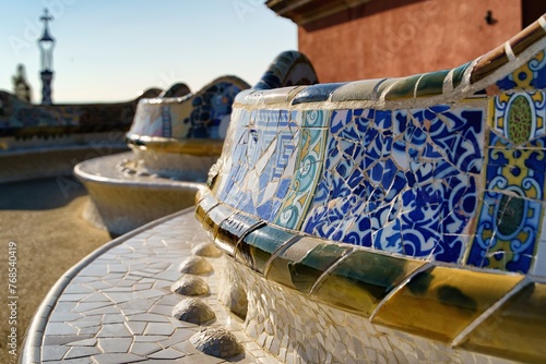 Photography Detail of a colorful mosaic on a bench in Güell Park, Barcelona, Spain, Europe
