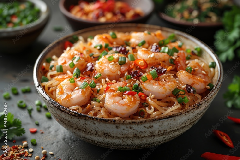 Spicy Instant Noodles Garnished With Green Onions and Peppers in a Takeout Box Spicy Instant Noodles Garnished With Green Onions and Peppers in a Takeout Box