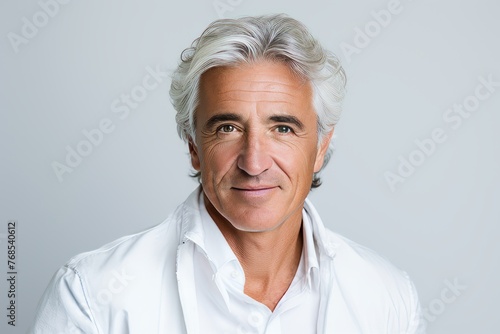 Portrait of handsome mature man in white shirt on grey background.