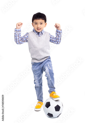 Happy asian Boy  standing with football  isolated on white background
