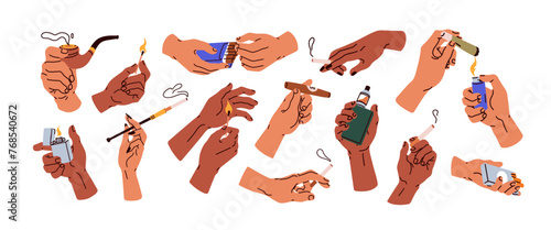 Hands hold cigar, lighting cigarette with lighter, smoking vintage pipe, modern vaporizer, vape device, flamed match, tobacco. Smokers arms set. Flat vector illustrations isolated on white background