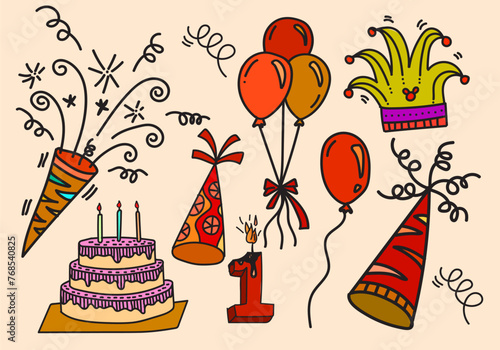 Fun hand drawn party background with balloons and party decoration. Great for birthday or happy new year parties, textiles, banners, wallpapers, wrapping - vector design.