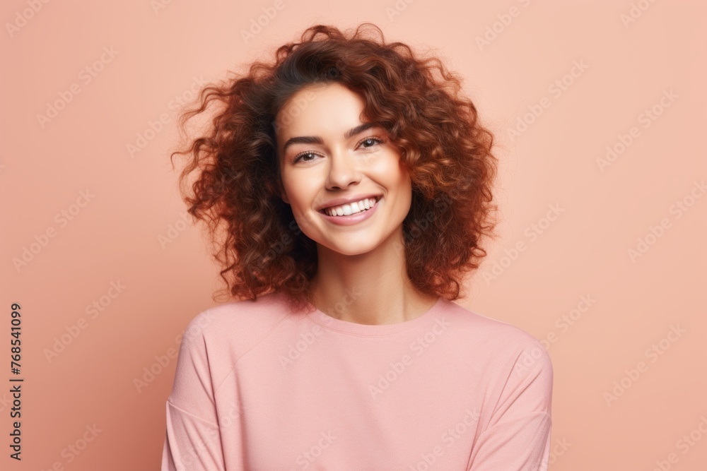 Portrait of a beautiful young woman with curly hair on a pink background Portrait of a beautiful young woman with curly hair on a pink background