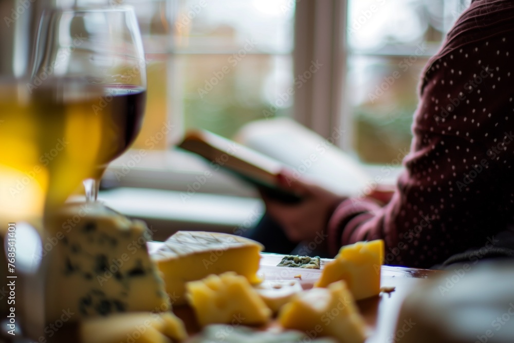soft focus on person reading by window, wine and cheese in foreground soft focus on person reading by window, wine and cheese in foreground