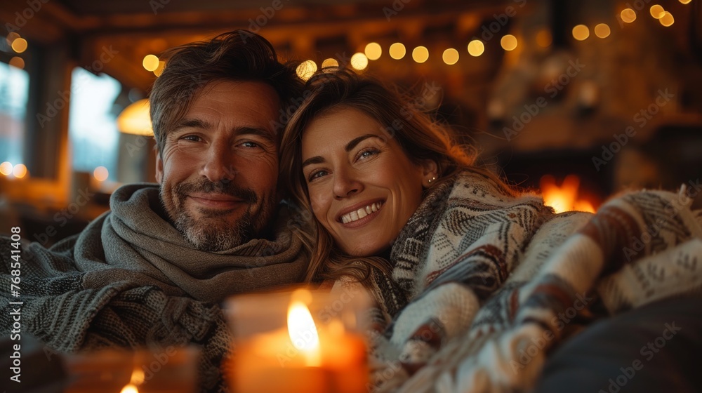 Portrait of a young couple sitting on a couch smiling in front of the camera during cold winter Portrait of a young couple sitting on a couch smiling in front of the camera during cold winter
