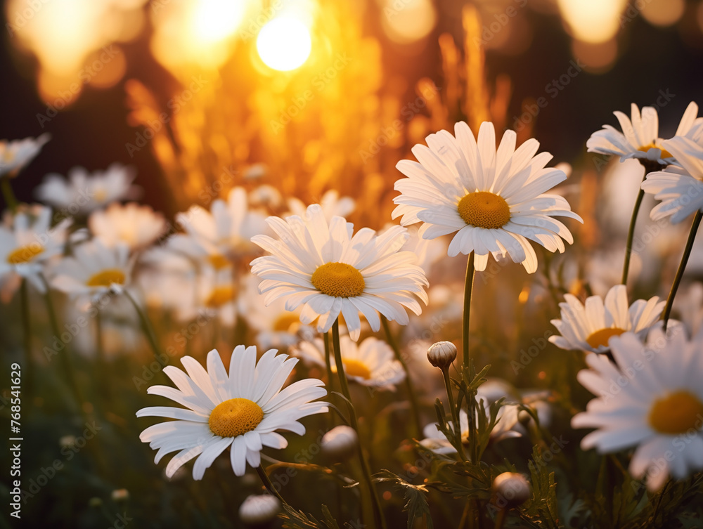 Golden hour sunlight bathing daisies in a peaceful summer meadow