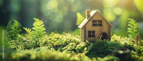 Green and eco-friendly housing concept. A miniature wooden house with spring grass, moss and ferns on a sunny day.