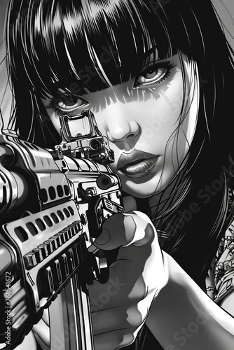 Captivating Manga Art: Close-Up of Girl's Intense Stare While Aiming AK-47 Rifle photo