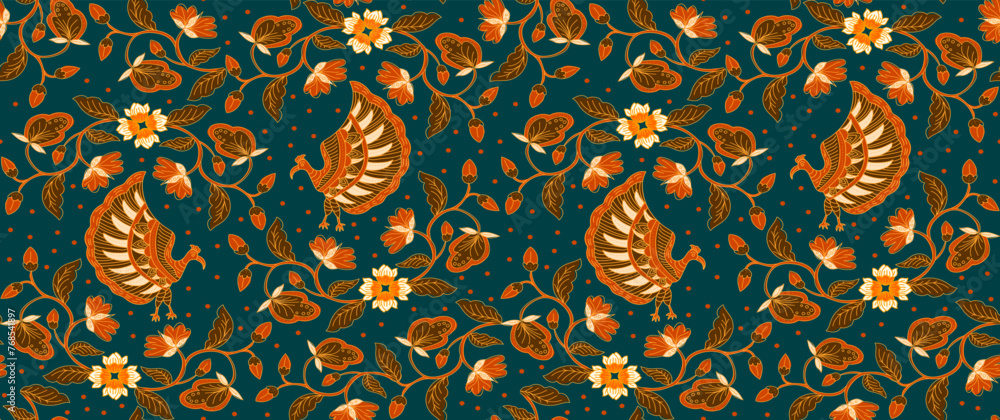Batik Hand-drawing leaf floral bird nature geometry seamless. Line art decoration , fashion textile design.