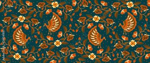 Batik Hand-drawing leaf floral bird nature geometry seamless. Line art decoration , fashion textile design. photo