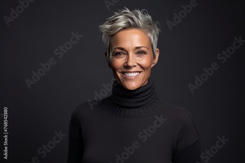 Portrait of a smiling middle-aged woman in a black sweater