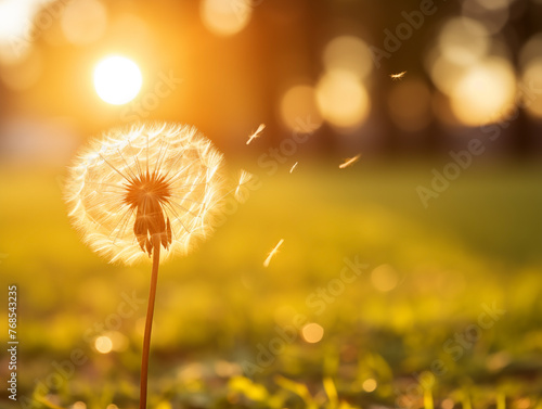 Dandelion against sunset with seeds dispersing in the golden hour
