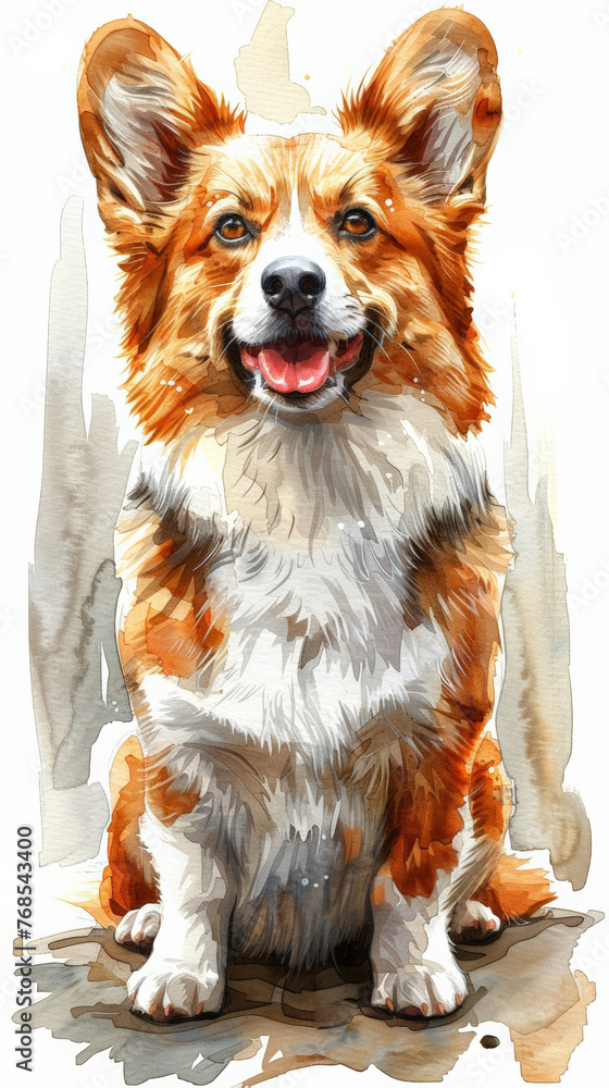 Welsh Corgi, Cardigan dog breed portrait isolated on white Digital art illustration, animal watercolor drawing of hand drawn doggy for web Pet with short legs and has bicolor coat, white and ruddy, 