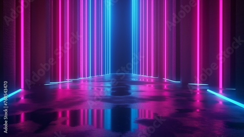 Vibrant pink and blue neon lights outline a modern, reflective corridor creating a sense of depth and mystery.