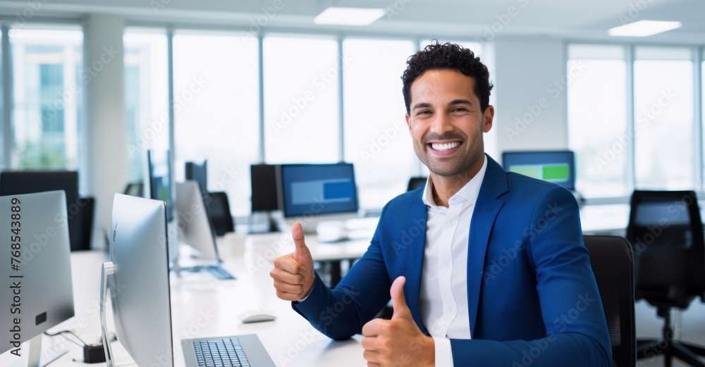 Innovative software developer in workspace giving thumbs up among code screens. Innovative software developer in workspace giving thumbs up among code screens.