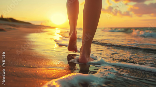 Low Angle Shot of Girl Walking on Beach at Sunset