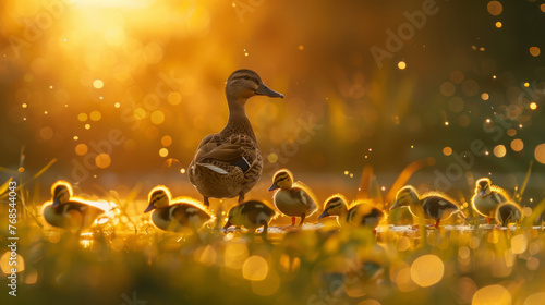 An evocative image of a mother duck with her brood of ducklings basking in the warm, glowing light of sunset in nature photo