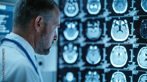 Male doctor looks at brain MRI scan diagram in hospital