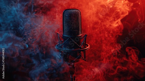 Nightmarish podcast scene, with fog swirling around an old, blood-stained microphone