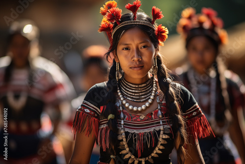 A group of indigenous women dressed in their traditional costumes in their daily life in the Andean highlands photo