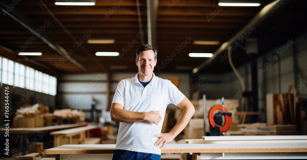 Carpenter in workshop giving thumbs up, surrounded by wooden art.Car Dealer Carpenter in workshop giving thumbs up, surrounded by wooden art.Car Dealer