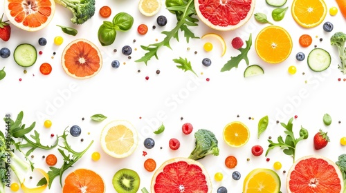 The composition consists of a wide group of fresh fruits and vegetables. They are isolated on a white background.