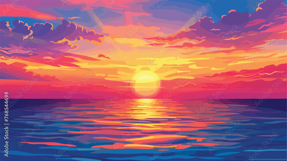 Sunset sky over the calm surface of the sea. flat vector