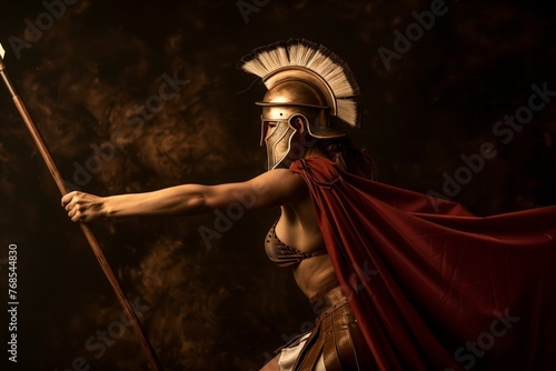 woman wearing spartan helmet and cape training with a spear photo