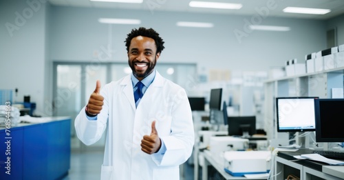 a smiling doctor in a clinic  giving a thumbs up.