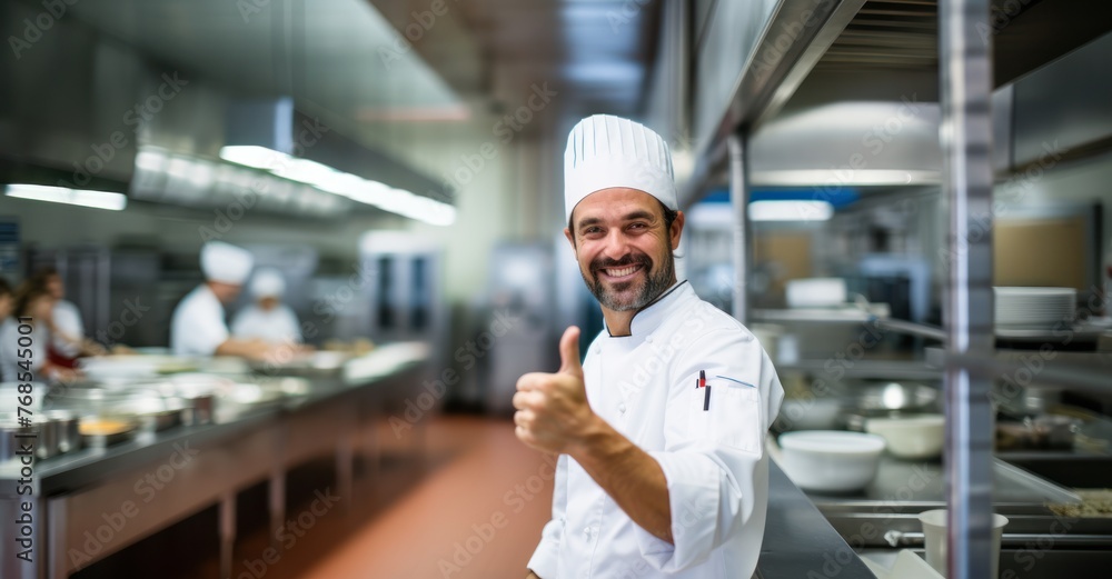  Cook in a kitchen giving thumbs up