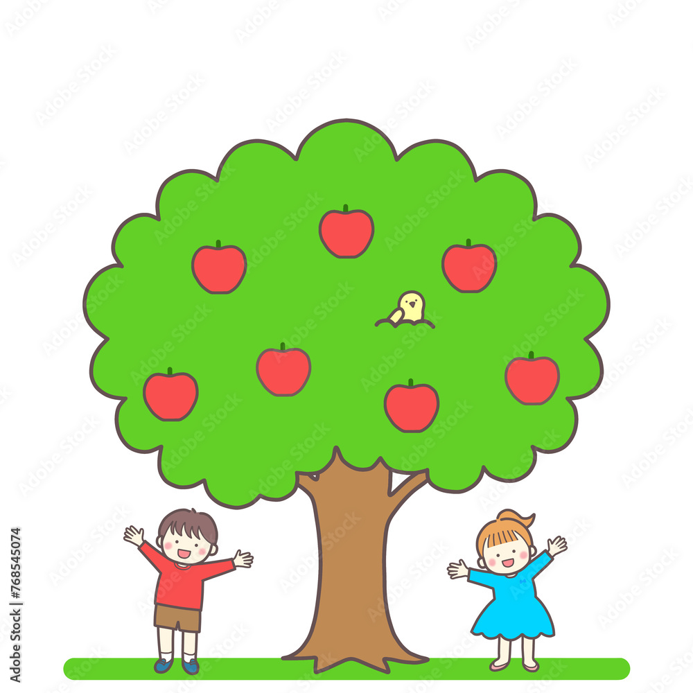 リンゴの木と楽しそうな男の子と女の子 リンゴの木と楽しそうな男の子と女の子