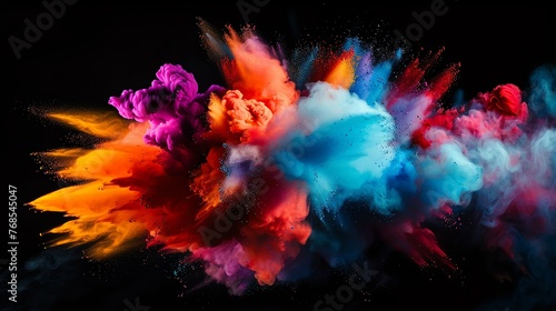 Abstract powder paint explosion on black background.