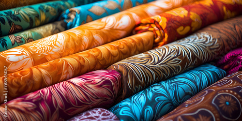 Traditional batik fabrics pile, Textile fabric store in Pakistan, colorful background, Textile Factory, Generative AI 