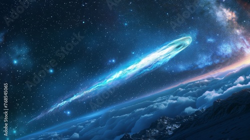 A comet streaking across the sky, using custom shapes and brushes to realistic tail glow.