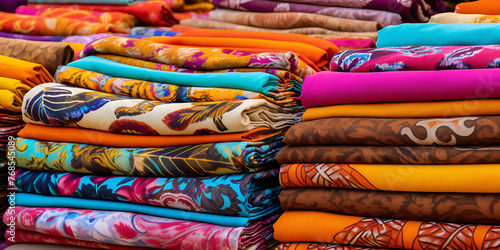Fabric Stall, Textile Market, pile of colorful fabrics, Fabric Booths, Textile Printing, Generative AI