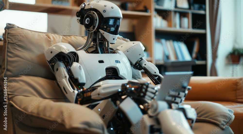 Fototapeta premium A humanoid robot is sitting comfortably on a beige couch holding a tablet, ai generated