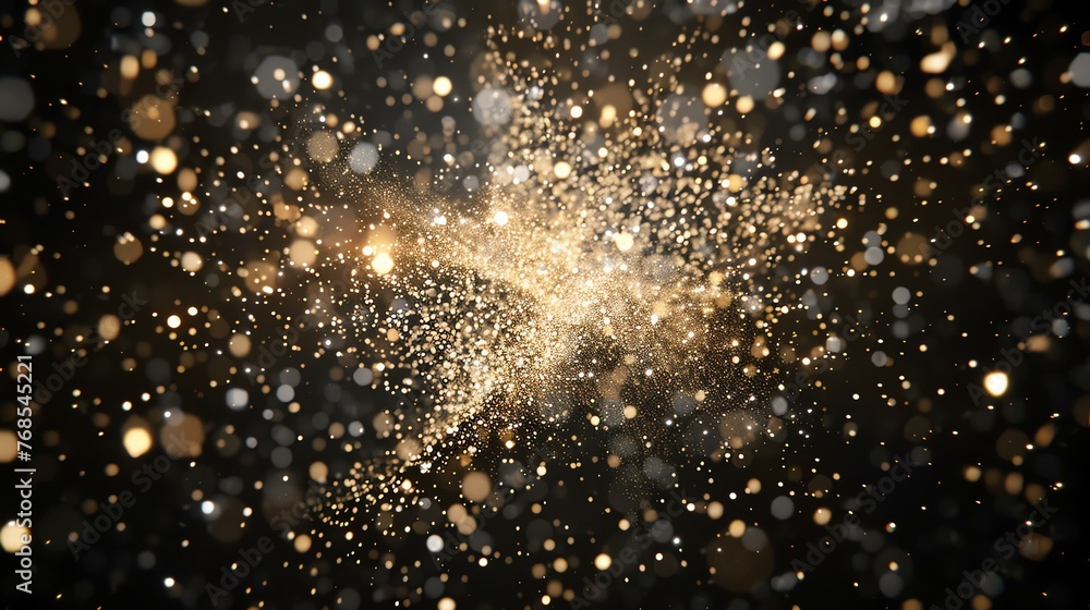 Golden glitter particles floating on a black background.