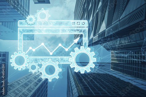 Fototapeta Naklejka Na Ścianę i Meble -  Creative digital computer folder with cogs, mesh and arrows on blurry city backdrop. Project Management icon, data management, folder, project goals, task management concept. Double exposure.