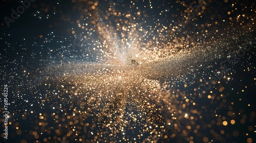 Golden glitter particles. Abstract background with glowing light and shiny glitter particles.