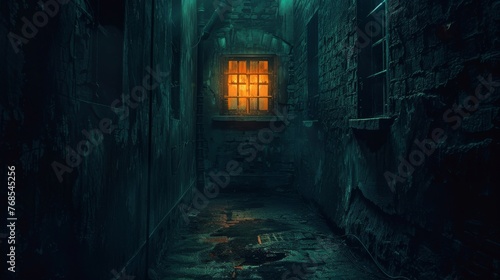 A dark alleyway with a single glowing window, demonstrating the subtle use of soft light and shadow for mood.